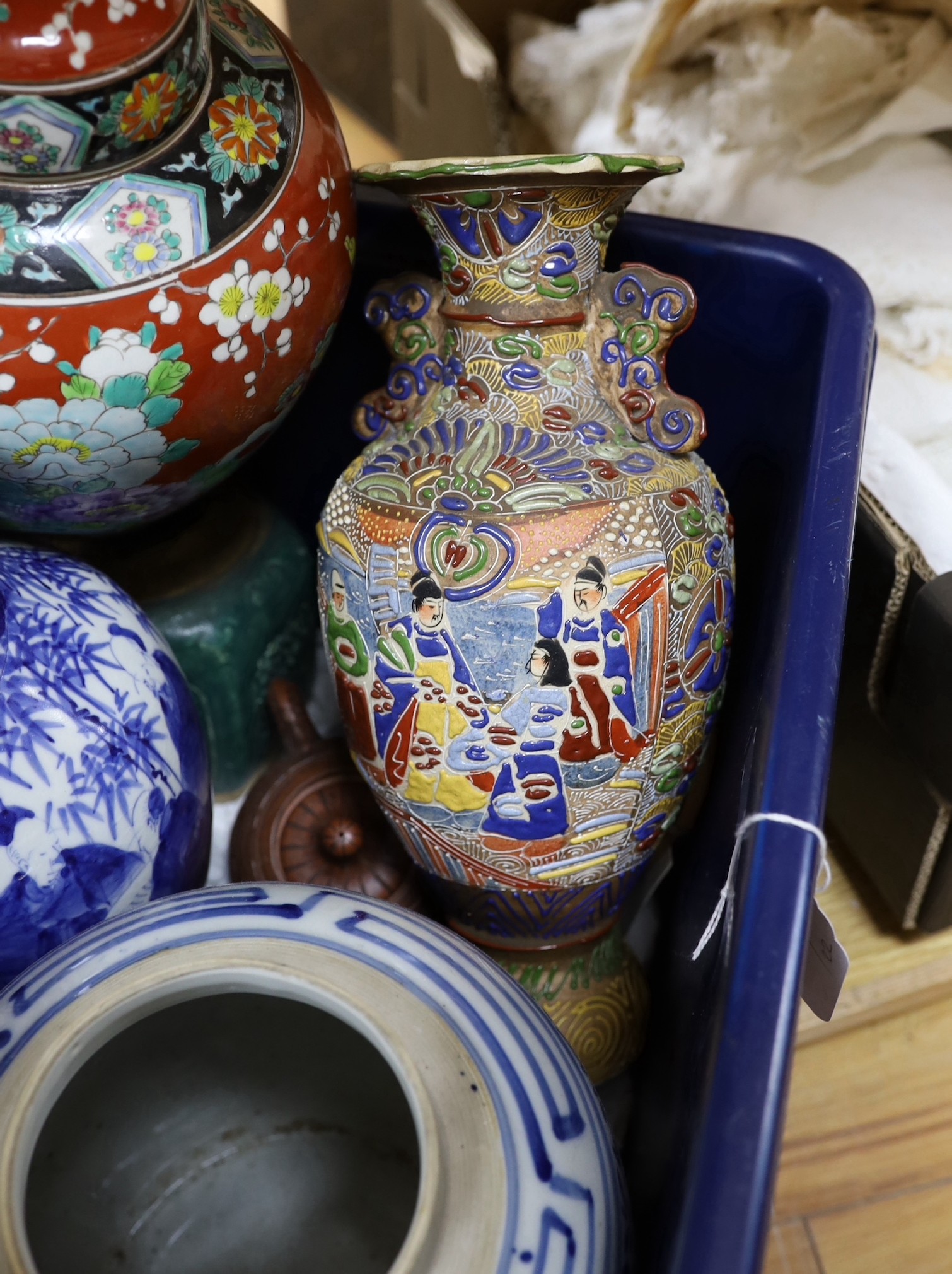 A group of mixed Japanese ceramic vases and a jar